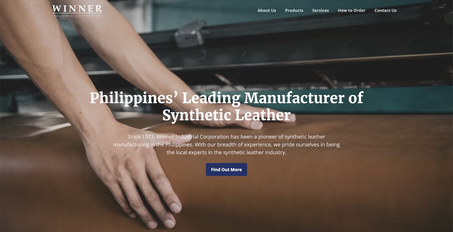 A screenshot of a textile website β the landing page features a hand smoothing out what seems to be brown synthetic leather. The main text reads: 'Philippinesβ Leading Manufacturer of Synthetic Leather'